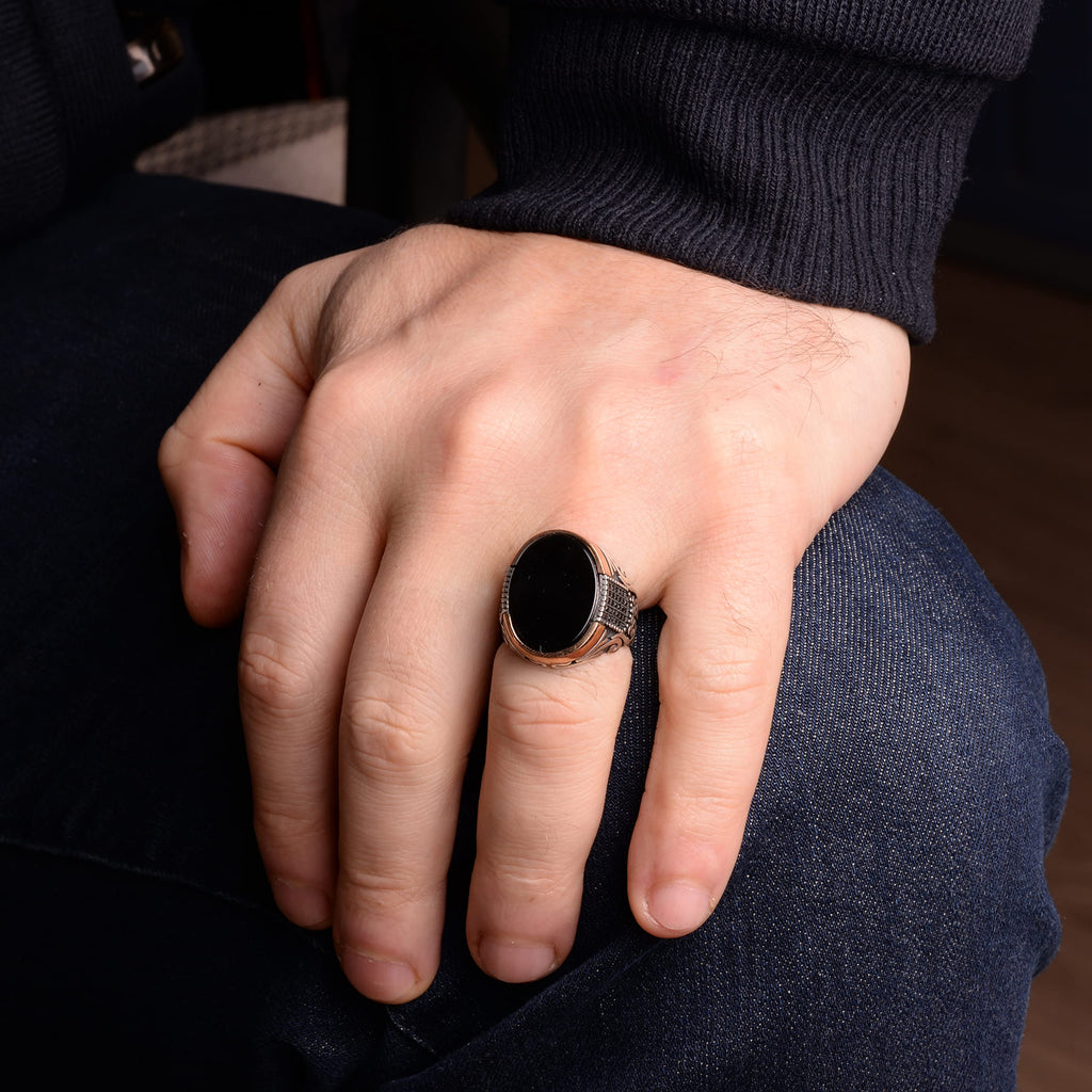 Handmade Men's Ring, 925 Sterling Silver Men's Ring, Synthetic Onyx Stone Ring — 6
