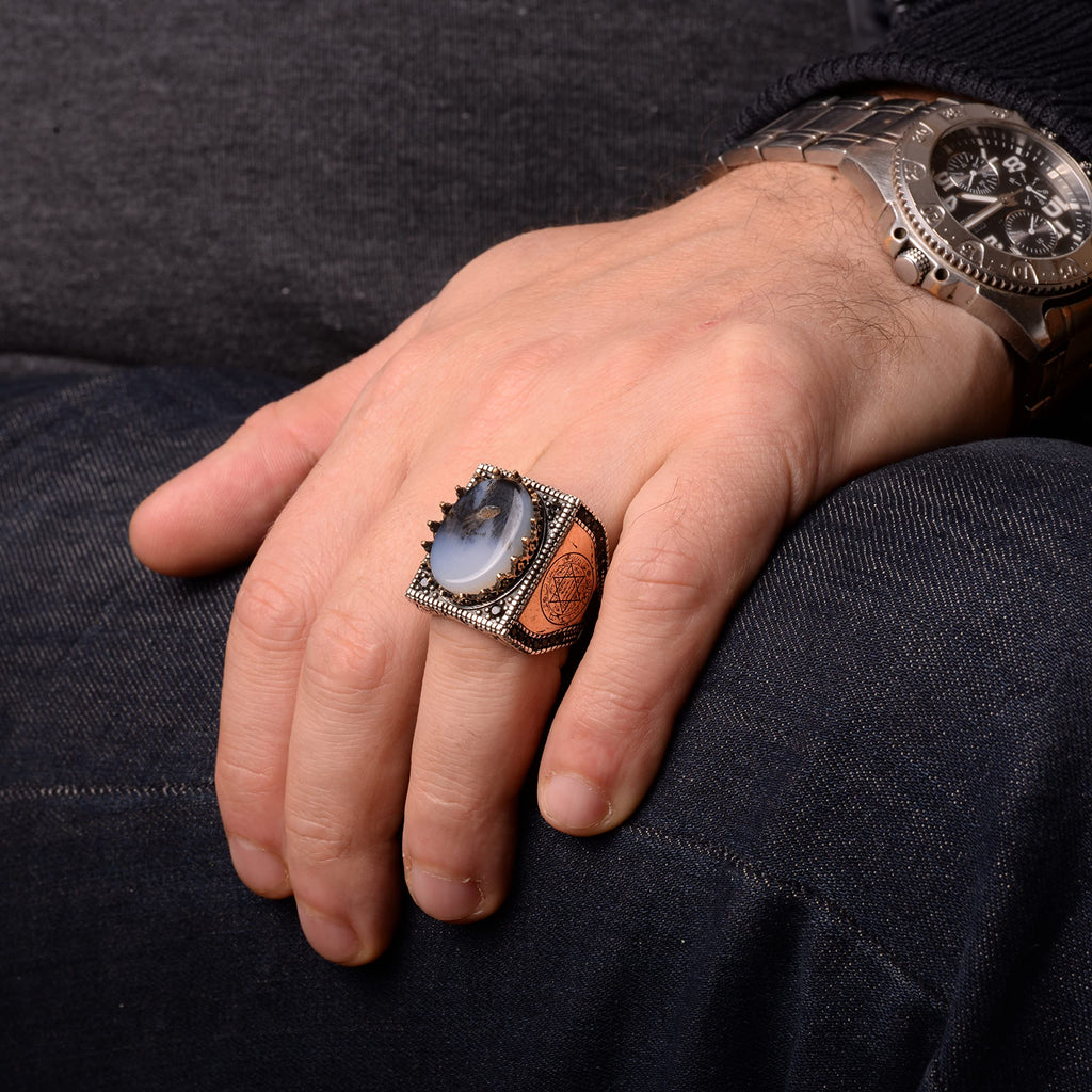 Natural Yemeni Agate Stone Ring - 925 Sterling Silver Men's Ring — 6