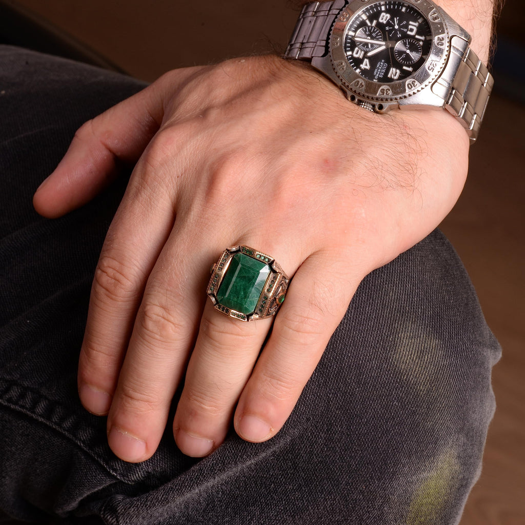 Natural Emerald Stone Ring, 925 Sterling Silver Men's Ring — 3