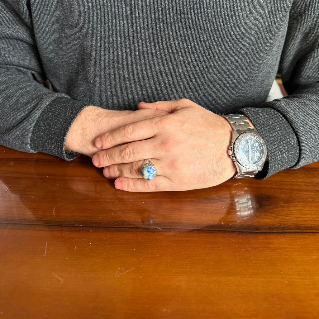 KAMBO Natural Stone Men's Ring 925 Sterling Silver Round Cabochon Handmade Statement Ring Stone (Sodalite) — 3