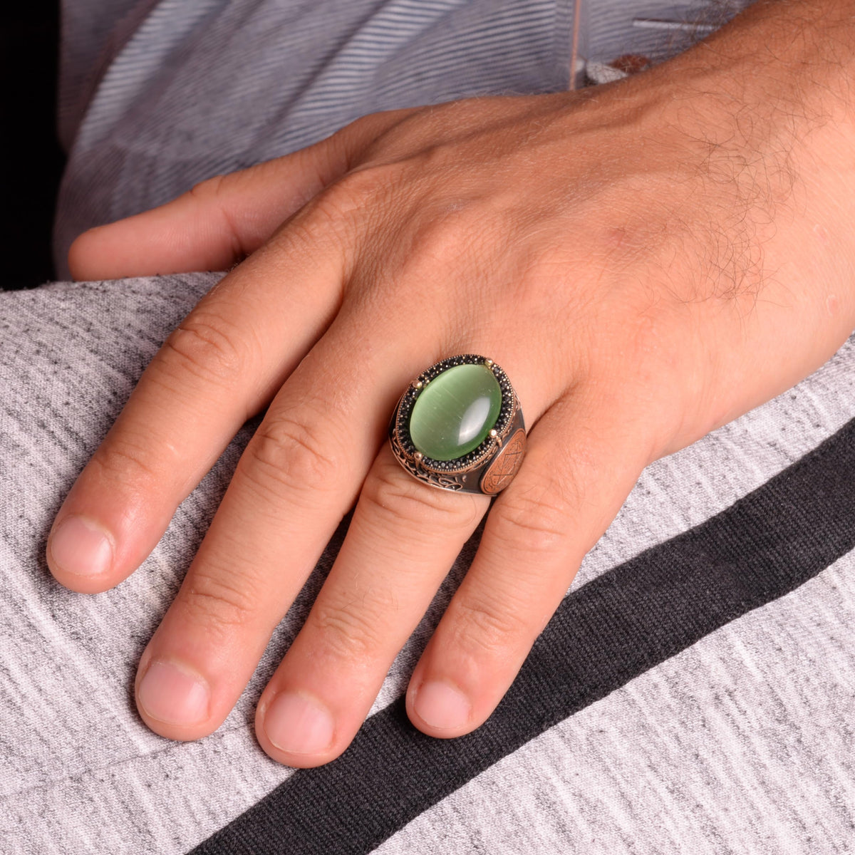 KAMBO Star of David Ring, Creation Stone Ring, 925 Sterling Silver Solomon Ring (Light Green Cat's Eye Creation Stone) — 3