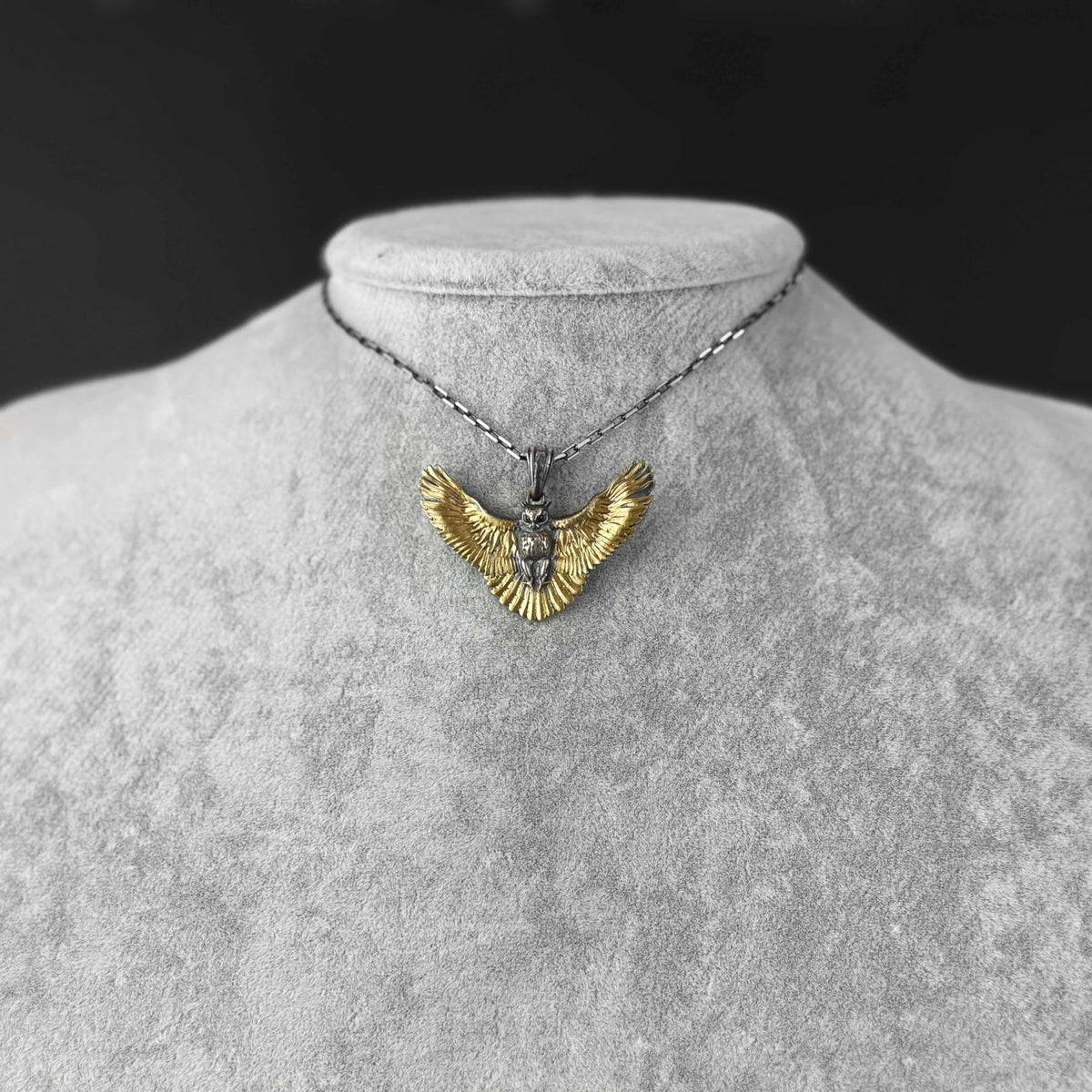 KAMBO 925 Sterling Silver Flying Owl Chain Necklace - Symbol of Wisdom, Intuition, and Freedom - Handmade Gothic Bird Necklace for Men (Gold Plated) — 3
