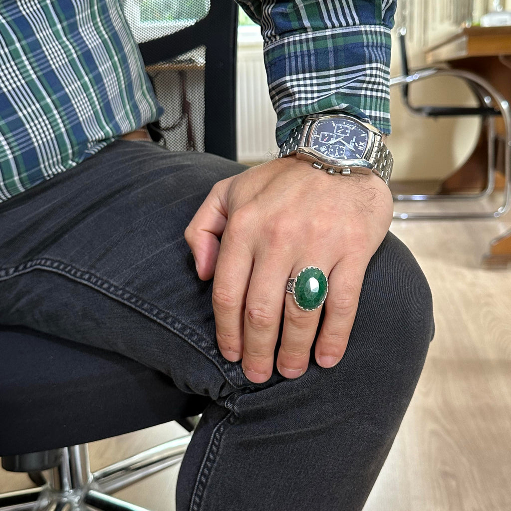 925 Sterling Silver Men's Ring, Natural Emerald Stone Ring — 3