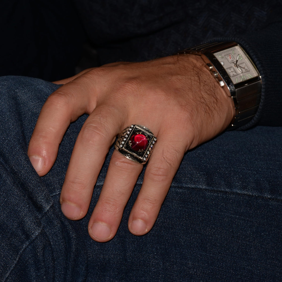 Kambo Real Natural Star Ruby Stone Men's Ring - Calligraphy Craftsmanship, 925 Sterling Silver — 3