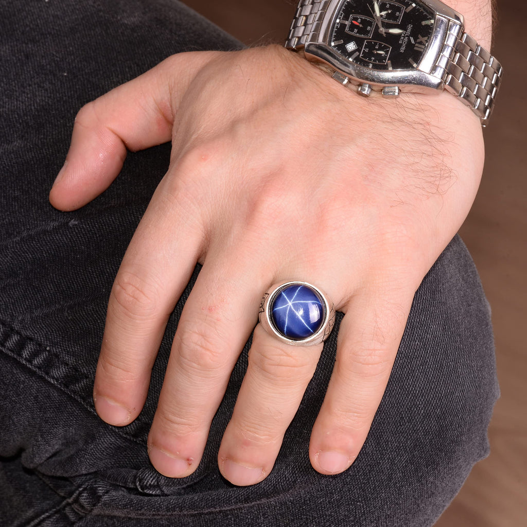 Natural Star Sapphire Stone Ring, 925 Sterling Silver Men's Ring — 6