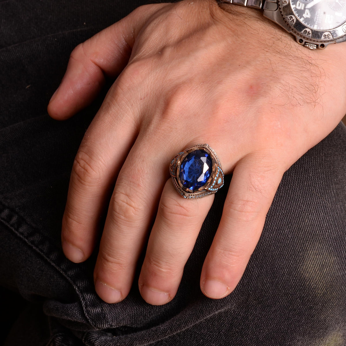925 Sterling Silver Men's Ring, Artificial Blue Sapphire, Stylish Turkish Design — 3