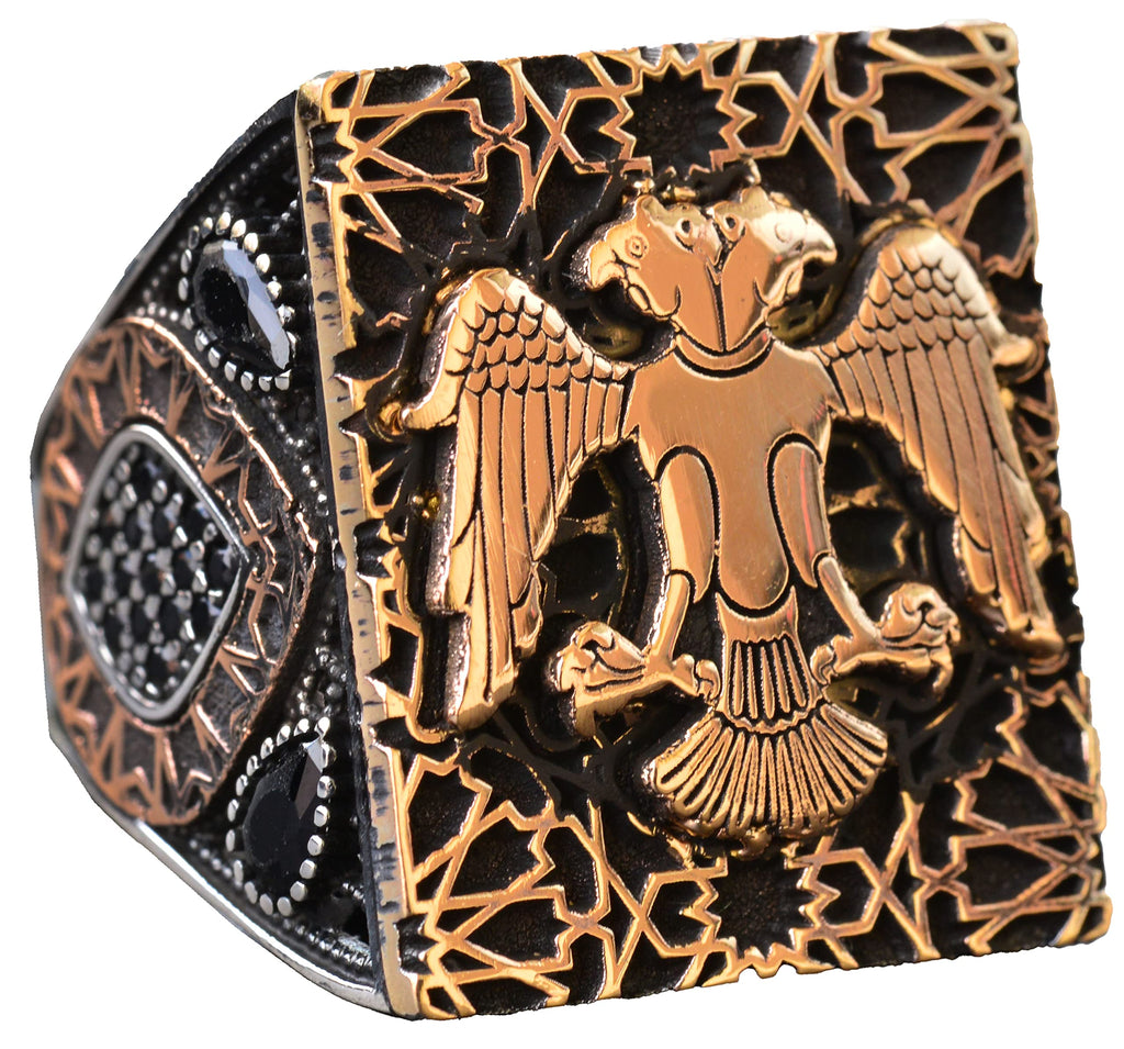KAMBO Handmade 925 Sterling Silver Double Headed Eagle Ring for Men, Gothic Vintage Statement Jewelry, Large Animal Desi