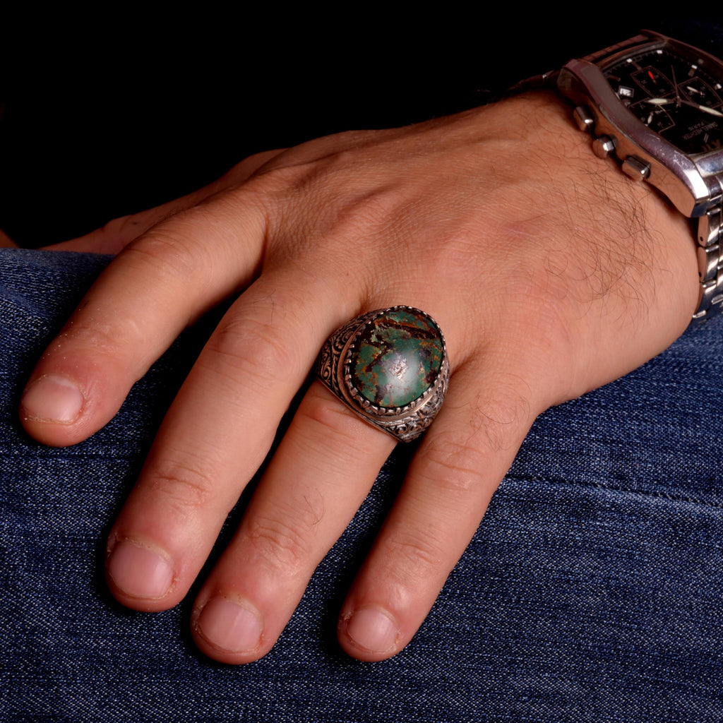 KAMBO Handmade 925 Sterling Silver Turquoise Ring for Men - Genuine Arizona Turquoise Gemstone, Vintage Elegant Style-2 