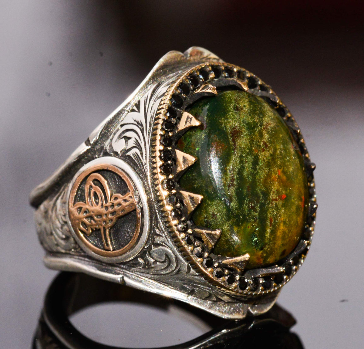 Natural Bloodstone Men's Ring - 925 Sterling Silver Ottoman Tugra Design — 3