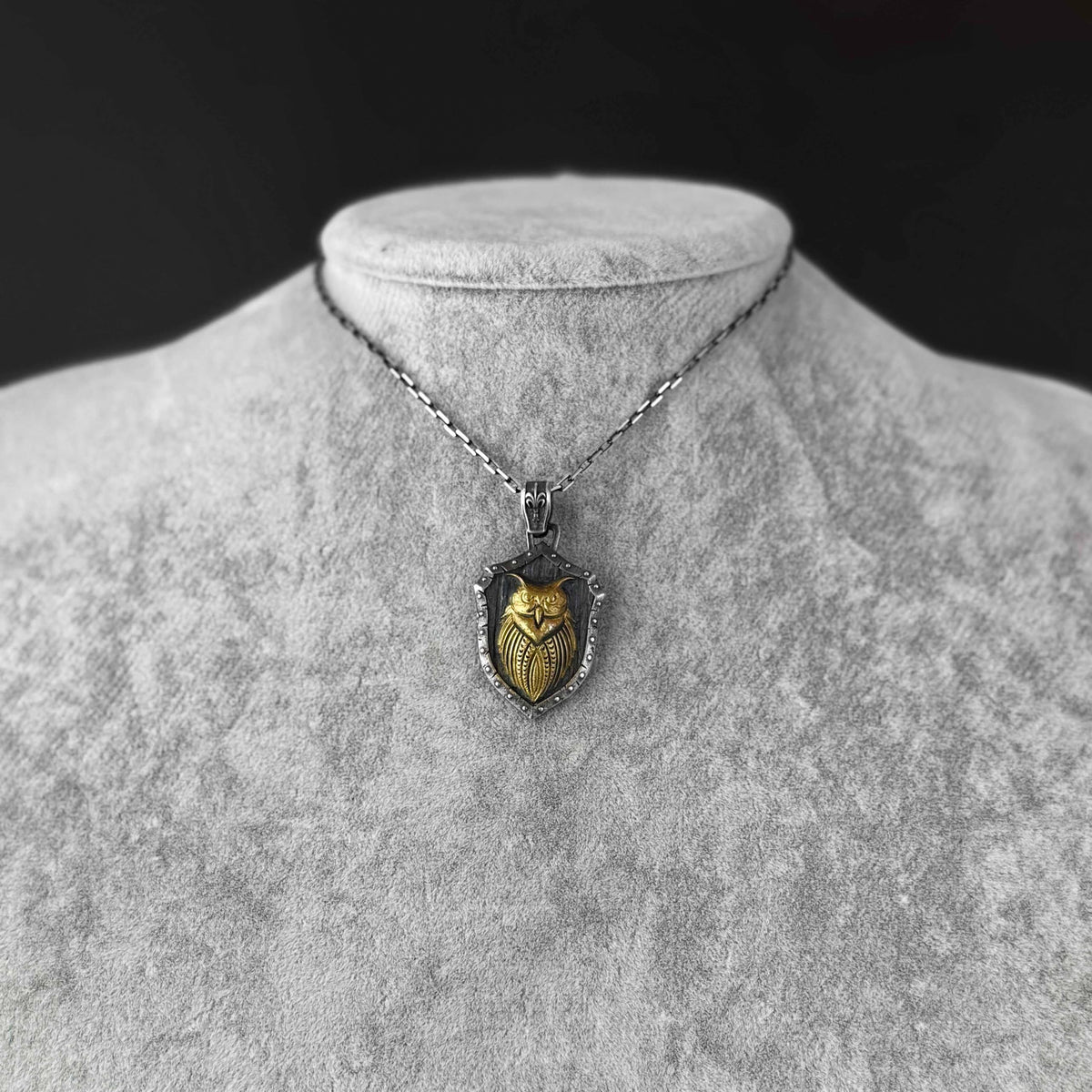 KAMBO 925 Sterling Silver Owl Shield Necklace – Handmade Amulet Necklace Symbolizing Wisdom, Protection, and Intuition (Silver Gold Plated) — 3
