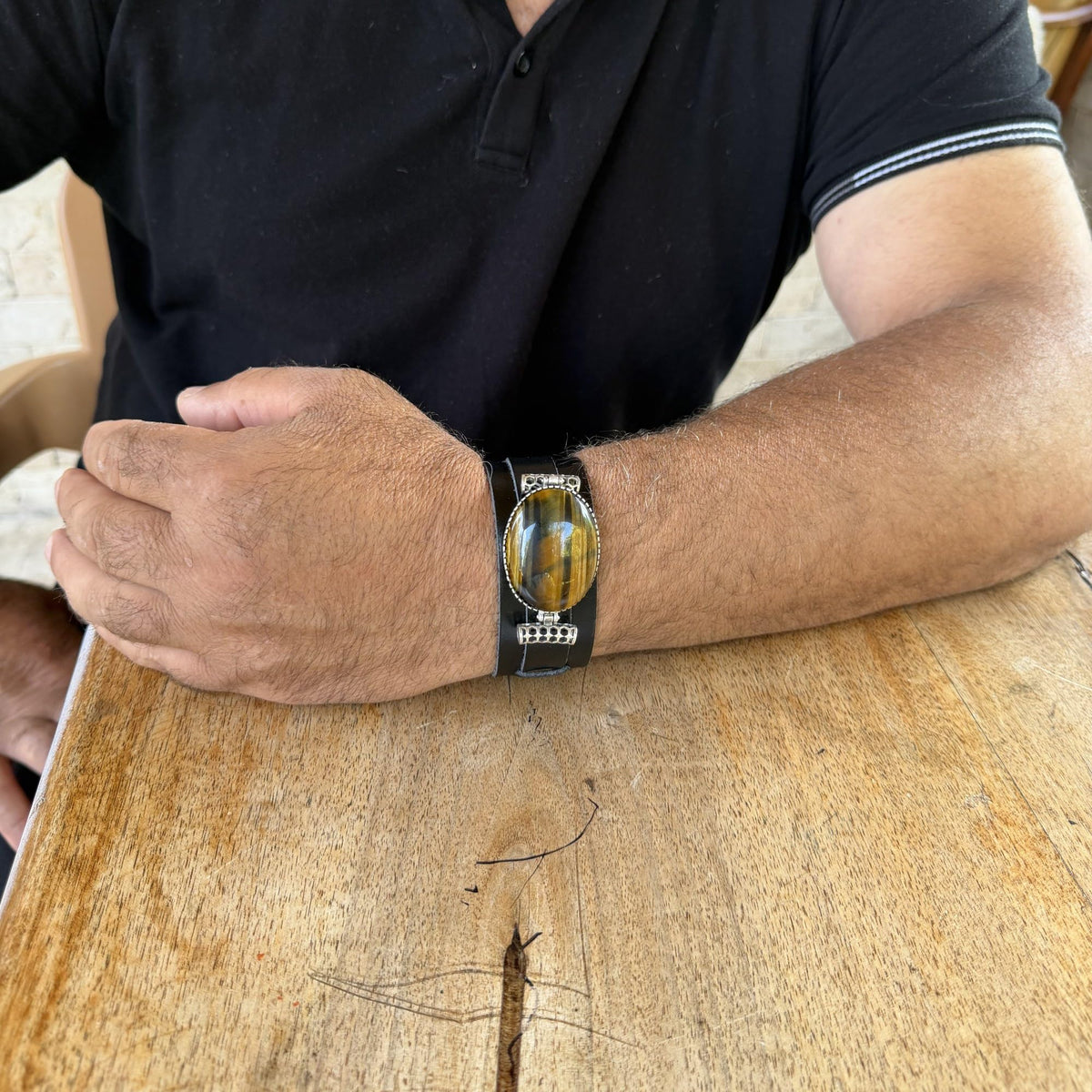 KAMBO Natural Tiger Eye Genuine Leather Cuff Bracelet for Men, Stone in 925 Sterling Silver Frame, Handmade Wide Wristba