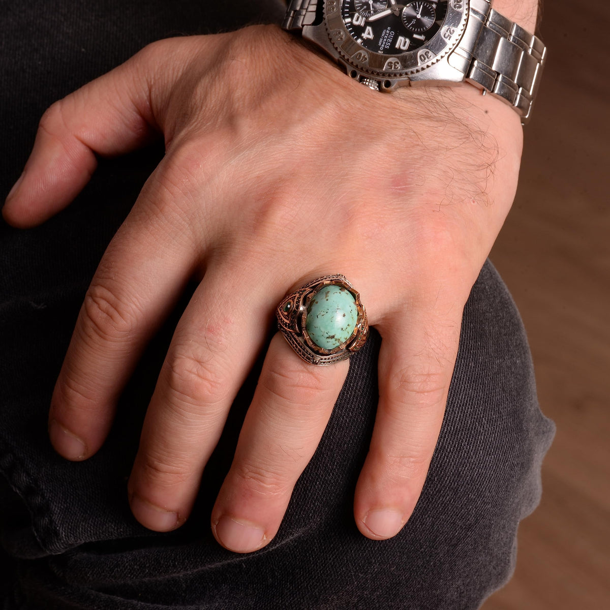 Natural Arizona Turquoise Stone Ring, Minimalist Design, 925 Sterling Silver — 3