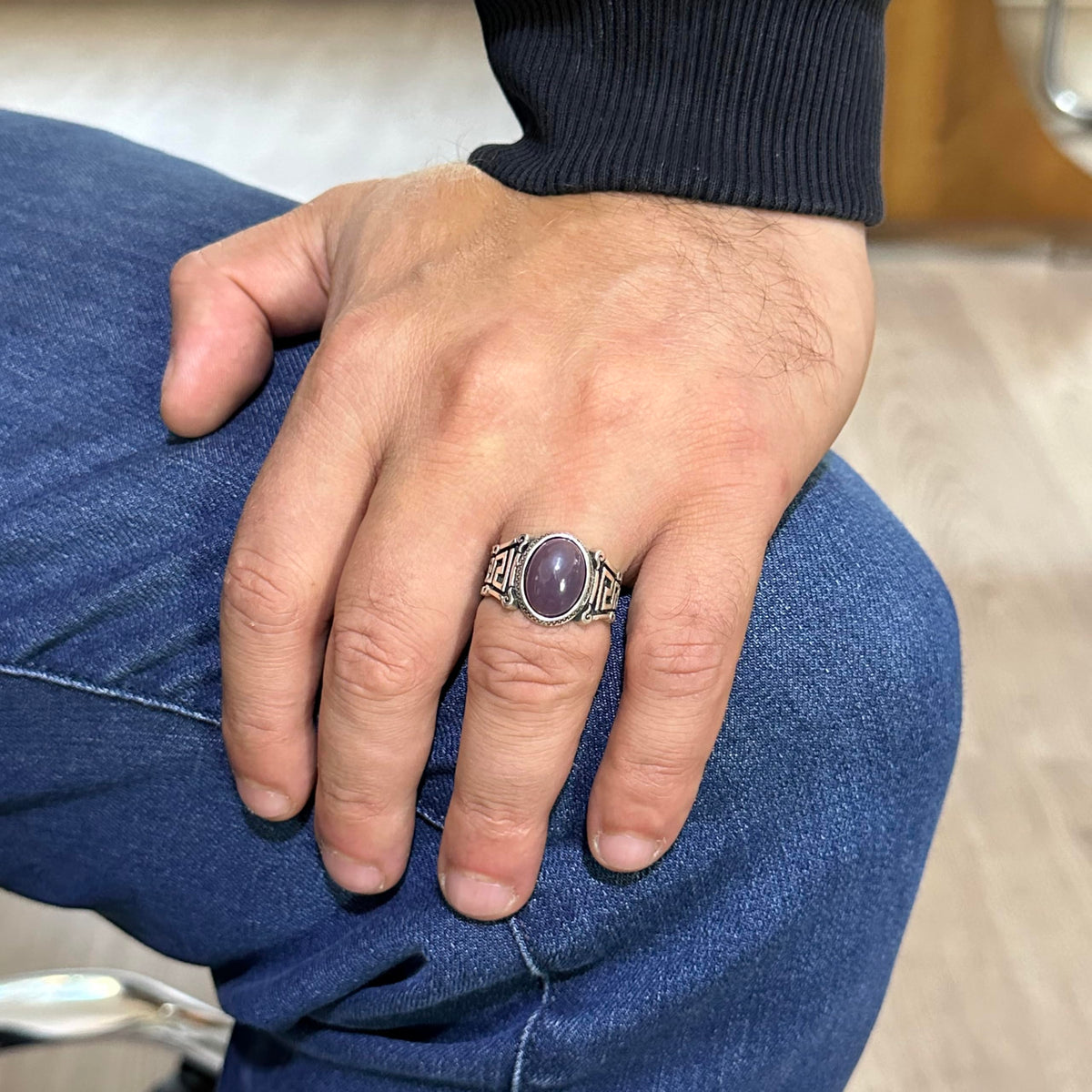 Handmade 925 Sterling Silver Men's Ring with Natural Ethiopian Opal Stone - Labyrinth Design — 3
