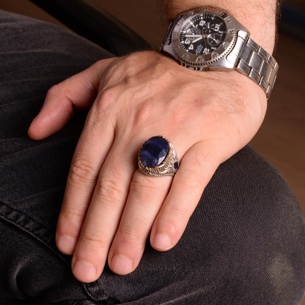 925 Sterling Silver Men's Ring - Handmade Ring with Natural Sapphire Stone — 3