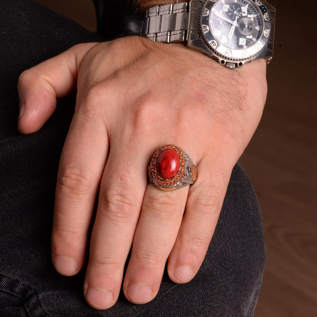 Natural Coral Stone Ring - Handmade 925 Sterling Silver Ring (Model-2) — 3