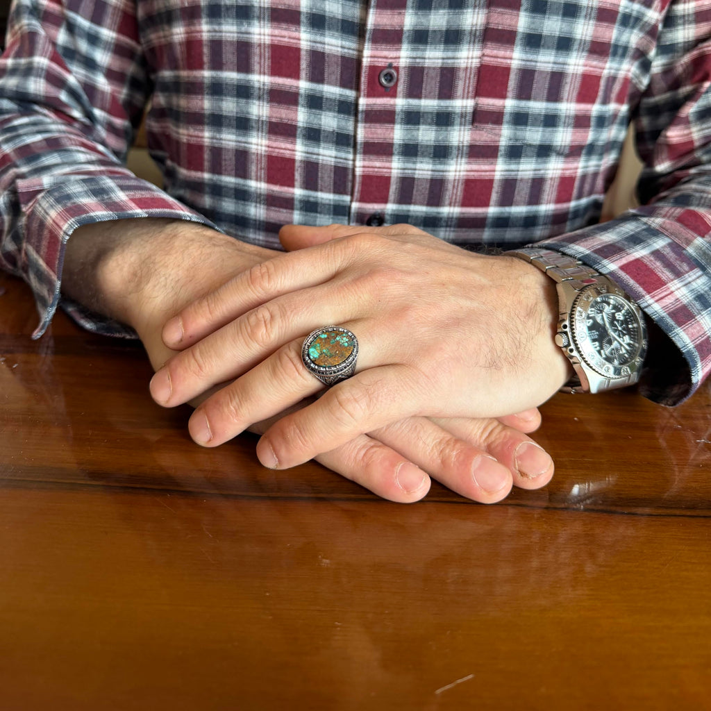KAMBO Turquoise Stone Men's Ring 925 Sterling Silver – Natural Turquoise Statement Ring – Vintage Ottoman Style Handmade Men's Ring (Turquoise-6) — 3