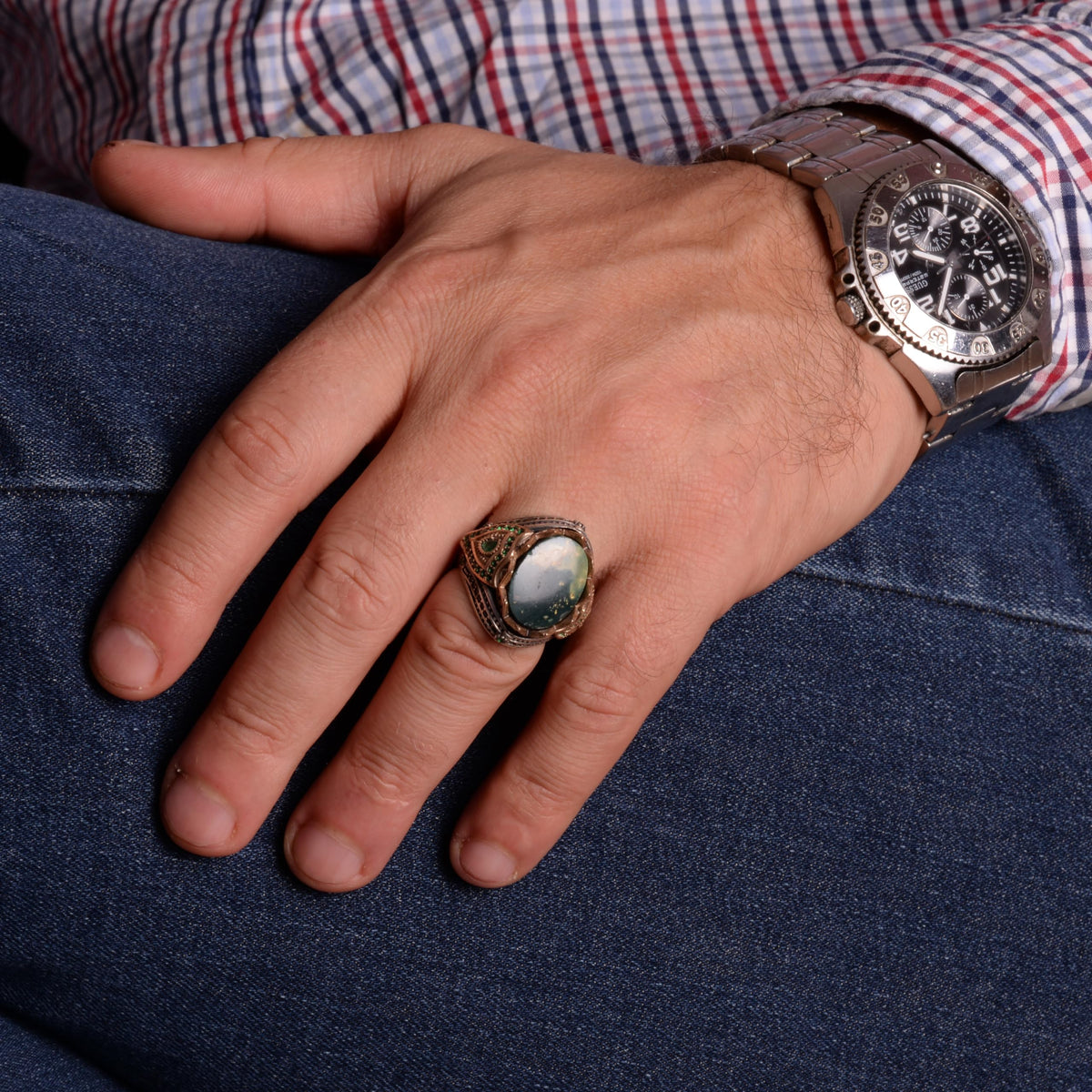 Natural Arizona Turquoise Stone Ring - 925 Sterling Silver Men's Ring (Model-2) — 3
