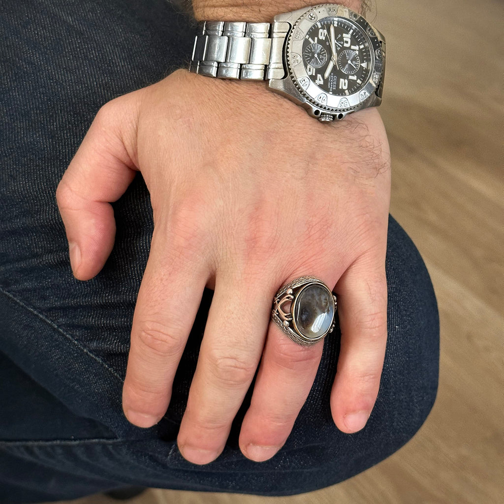 Natural Stone Men's Ring - Sword Ring, 925 Sterling Silver (Yemen Agate) — 7