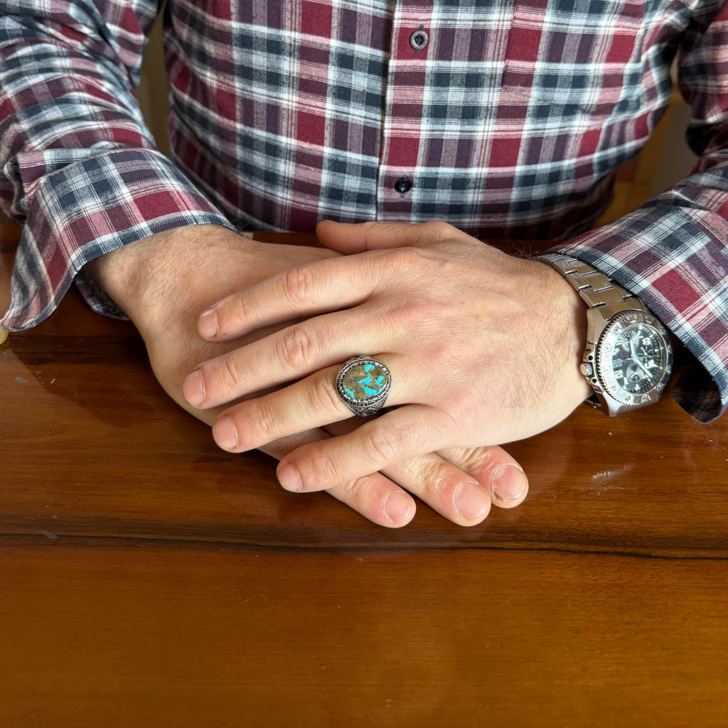 KAMBO Turquoise Stone Men's Ring 925 Sterling Silver – Natural Turquoise Statement Ring – Vintage Ottoman Style Handmade Men's Ring (Turquoise-5) — 3