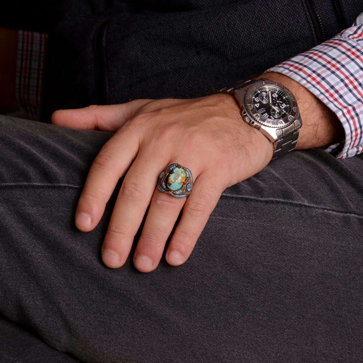 Blue Natural Arizona Turquoise Stone Ring - 925 Sterling Silver — 3