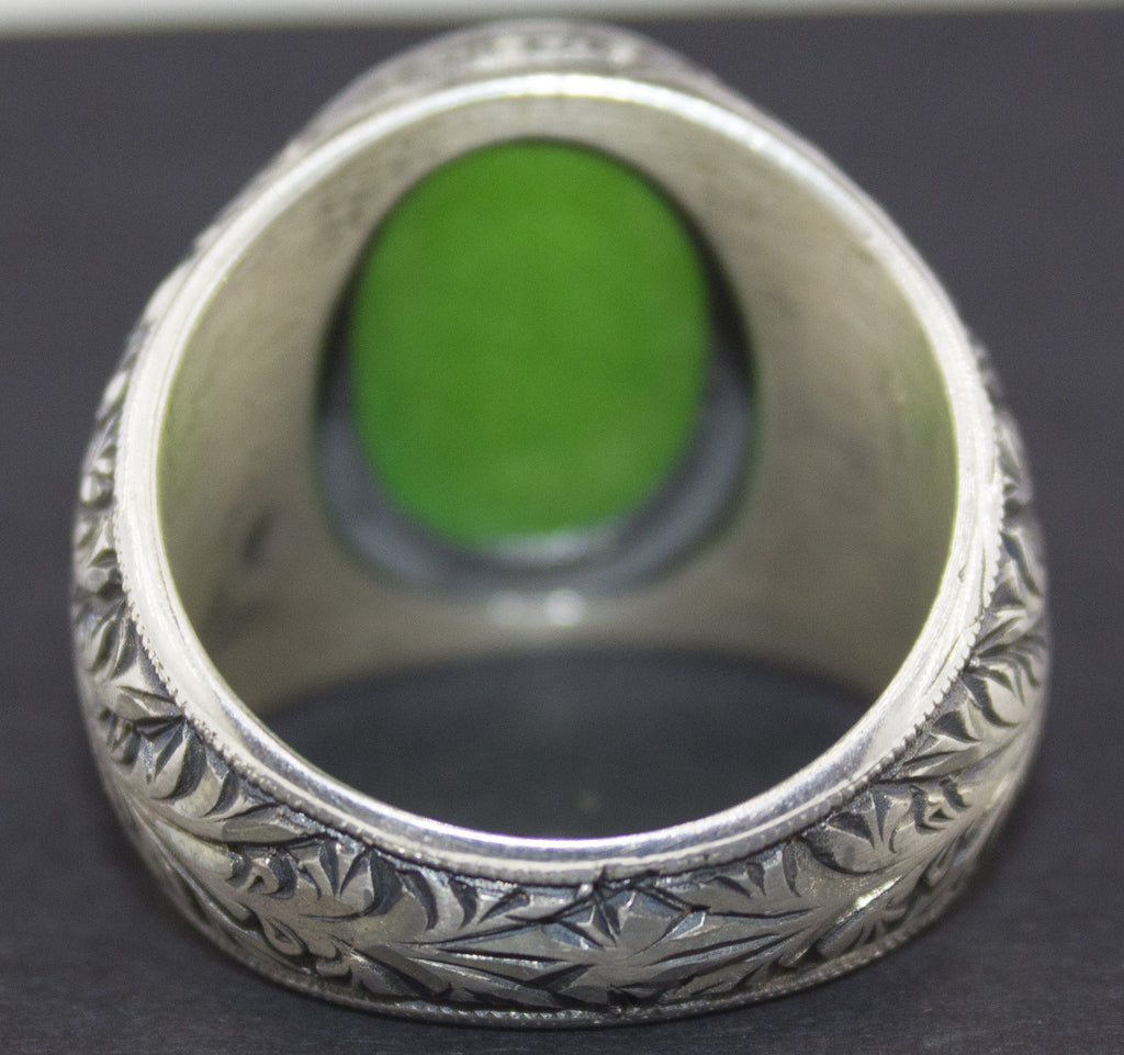 KAMBO Handmade Vintage 925 Sterling Silver Men's Ring with Natural Jade Gemstone, Byzantine Leaf and Botanical Ottoman D
