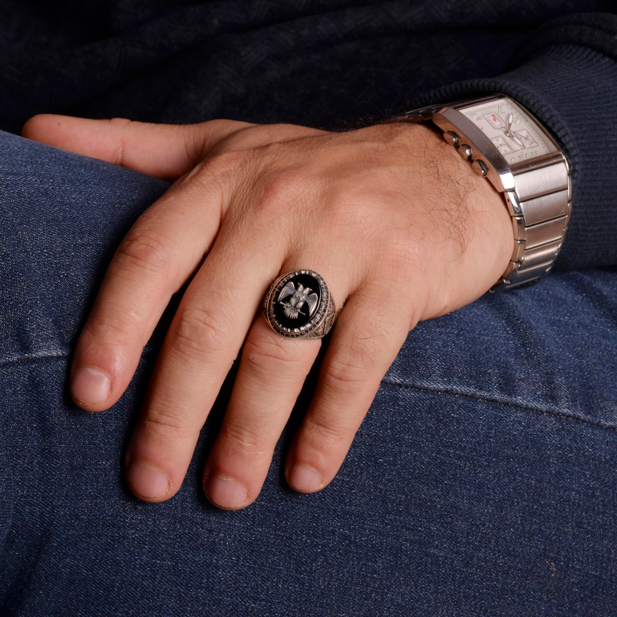 KAMBO Handmade 925 Sterling Silver Men's Ring with Obsidian Stone and Double Headed Eagle Emblem - Vintage Byzantium Sty