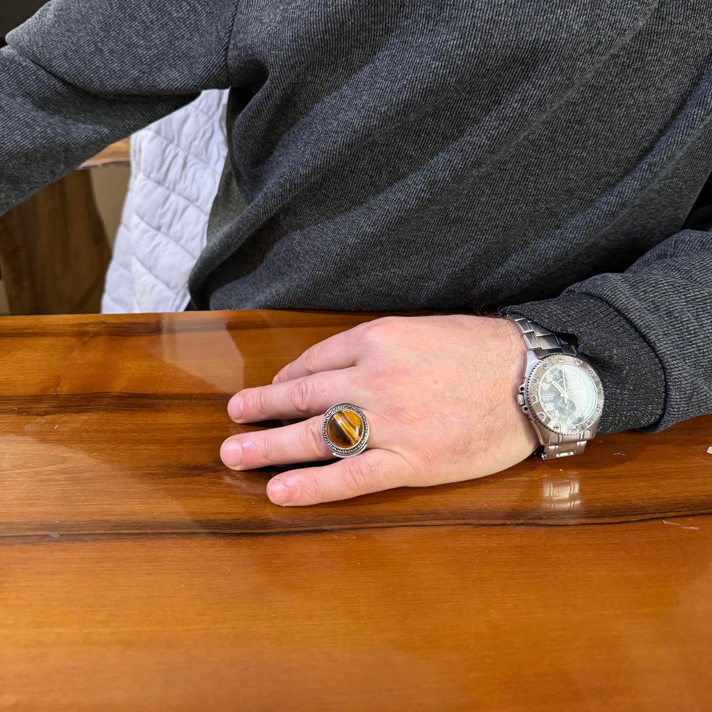 KAMBO Stone Round Men's Ring 925 Sterling Silver – Cabochon Handmade Vintage Greek Pattern Statement Ring (Tiger's Eye) — 3