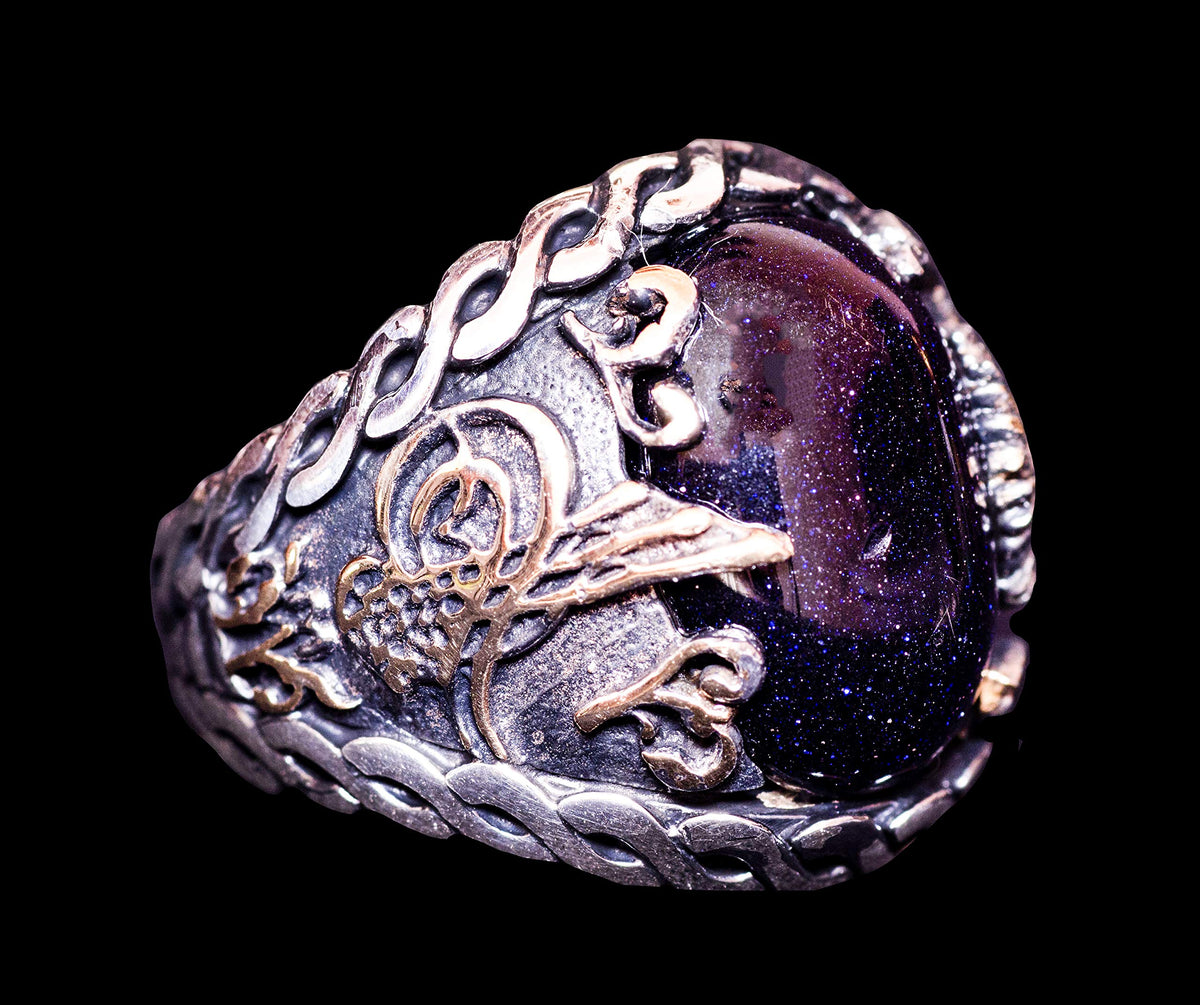 925 Sterling Silver Men's Ring - Night Star Blue Synthetic Stone - Elegant Handmade Jewelry - Ottoman Tughra — 5
