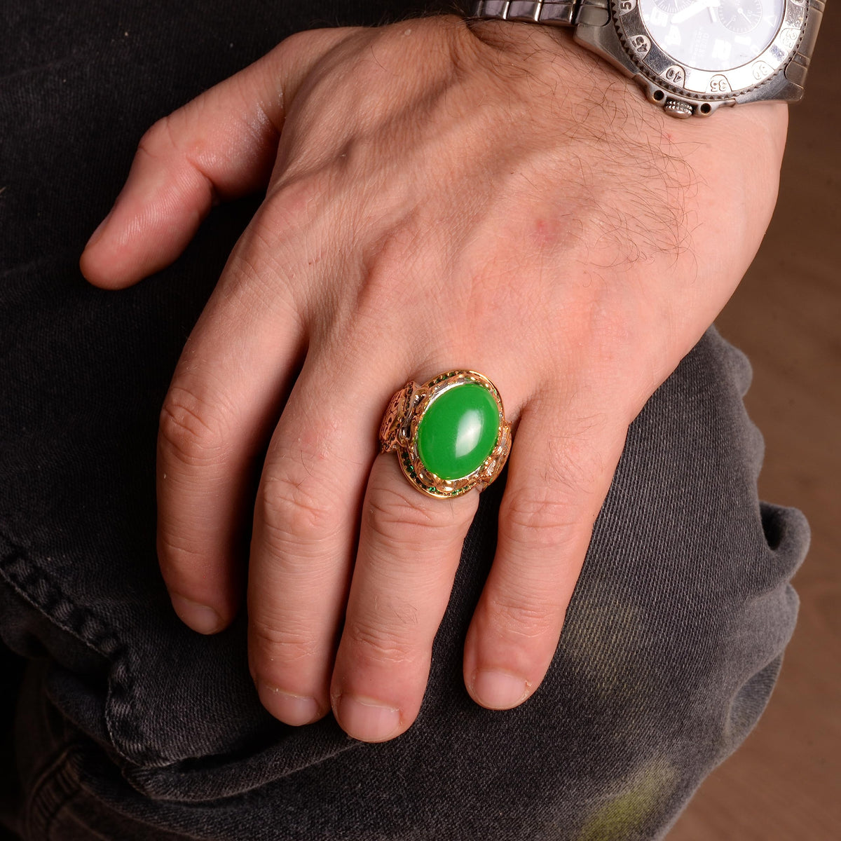 Natural Jade Stone Silver Ring - Gold Plated — 3