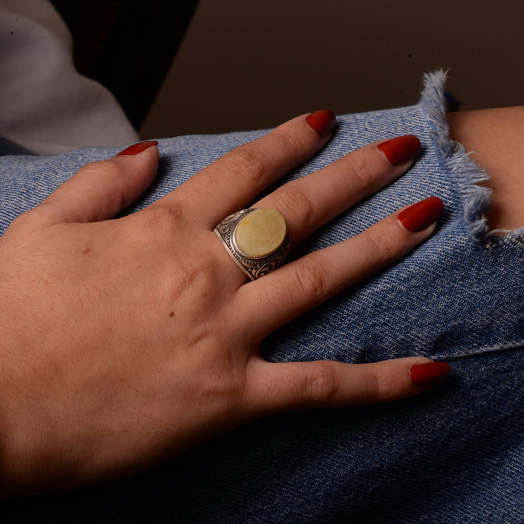 Natural Amber Stone Ring - Minimalist Design, 925 Sterling Silver — 7