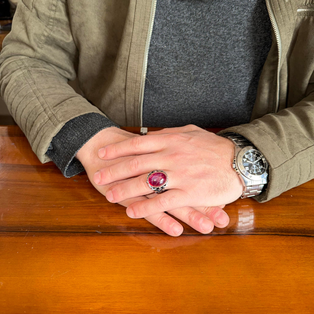 KAMBO Natural Stone Ring 925 Sterling Silver – Handmade Men's Statement Ring Healing Jewelry (Star Ruby) — 3