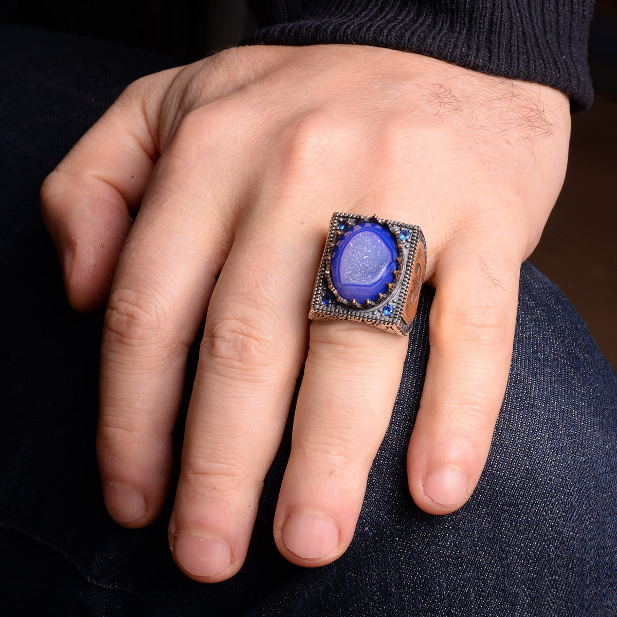 Natural Blue Druzy Quartz Stone Men's Ring — 6