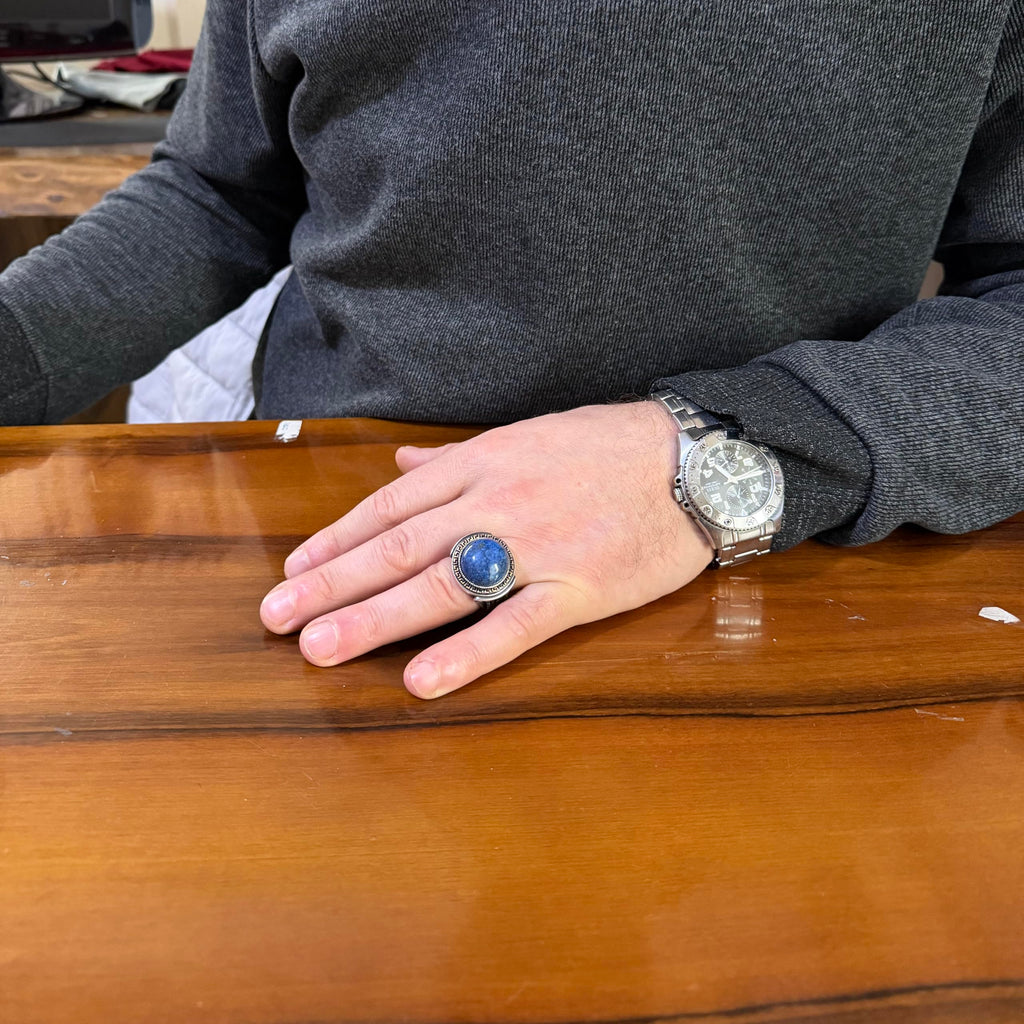 KAMBO Stone Round Men's Ring 925 Sterling Silver – Cabochon Handmade Vintage Greek Pattern Statement Ring (Lapis Lazuli) — 3