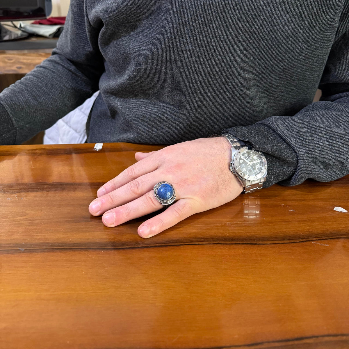 KAMBO Stone Round Men's Ring 925 Sterling Silver – Cabochon Handmade Vintage Greek Pattern Statement Ring (Lapis Lazuli) — 3