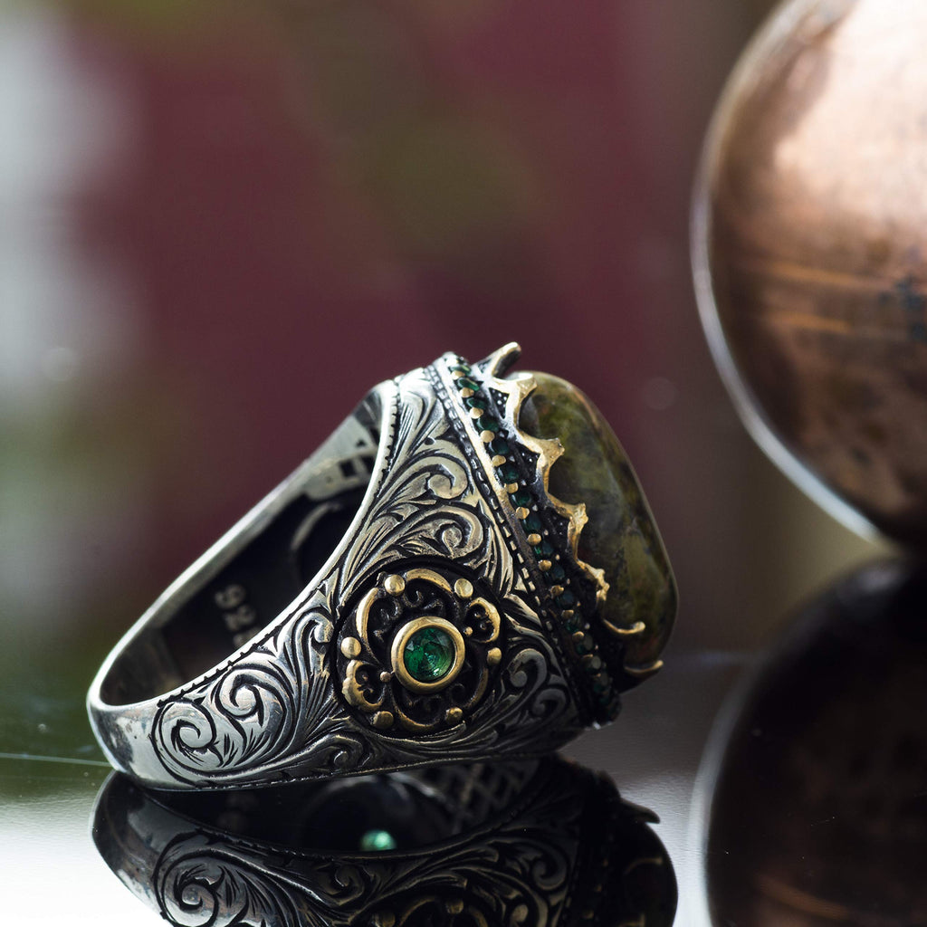 Handmade Silver Men's Ring, Natural Unakite Stone — 3