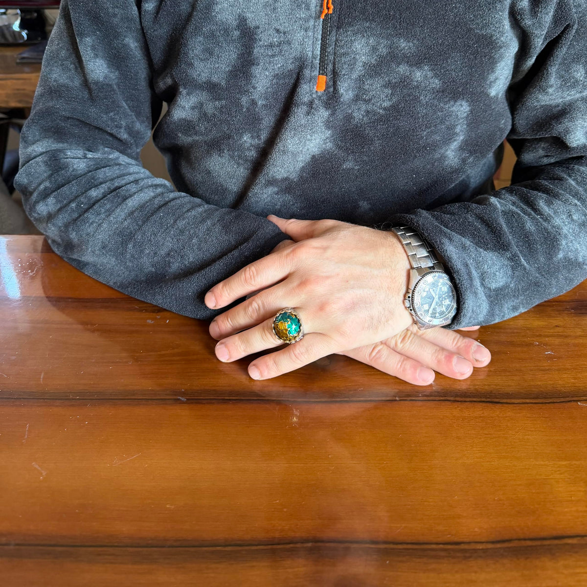 KAMBO 925 Sterling Silver World Map Designed Men's Ring Bronze Details Handmade Green Stone Statement Ring — 3