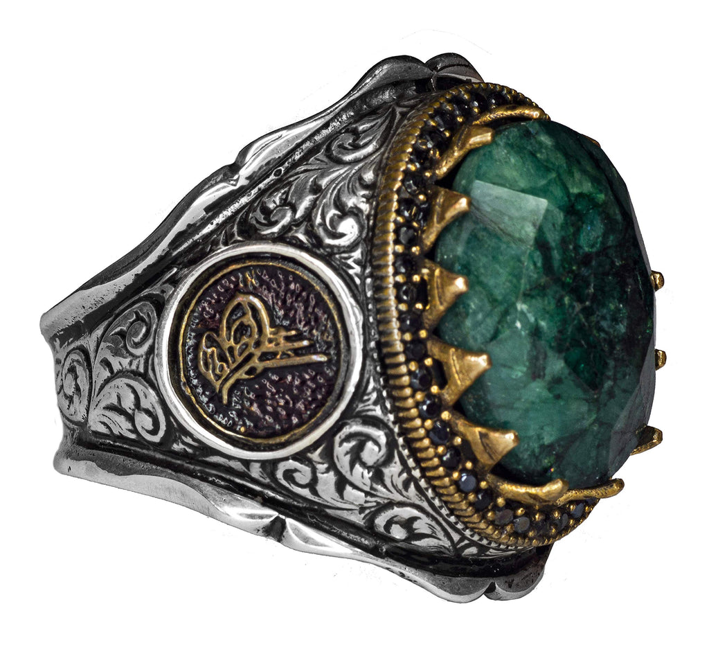 Natural Emerald Stone Silver Ring with Ottoman Tughra