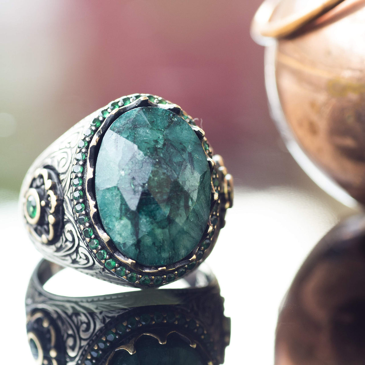 Handmade Silver Men's Ring (Emerald) — 2