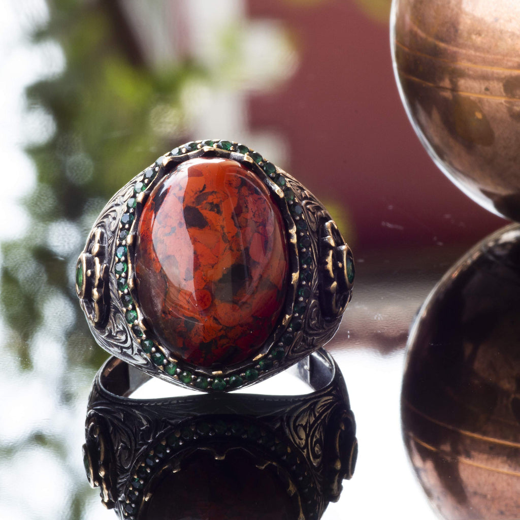 Handmade Silver Men's Ring - Natural Bloodstone — 6
