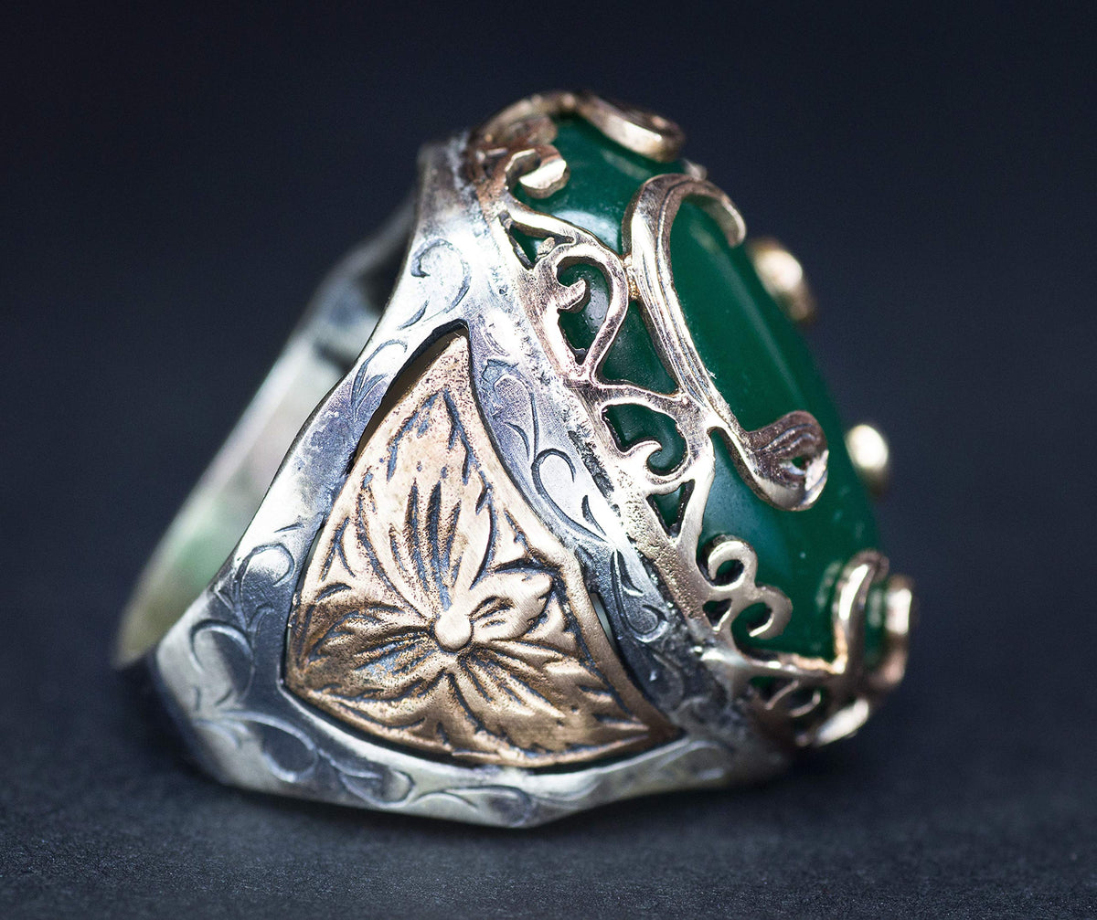 Natural Jade Stone Ring - Middle Eastern Pattern Men's Ring - 925 Sterling Silver — 4
