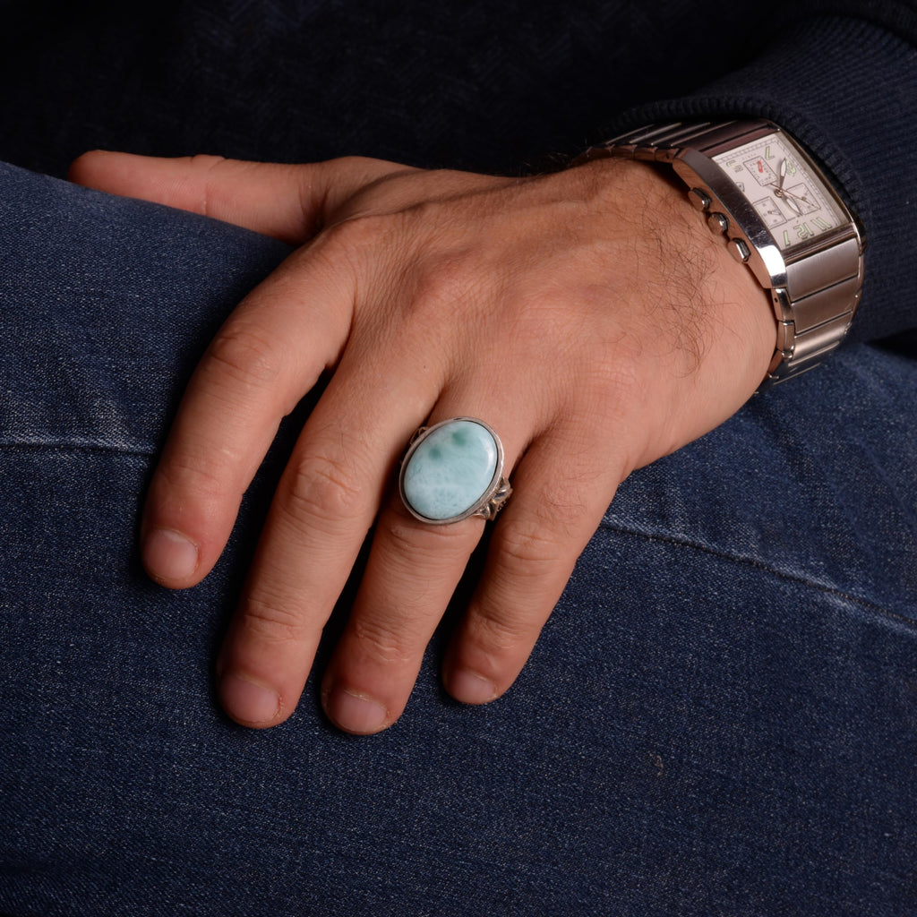 KAMBO Larimar Arabic Calligraphy and Flower Details Natural Stone - 925 Sterling Silver Men's Islamic Ring — 3