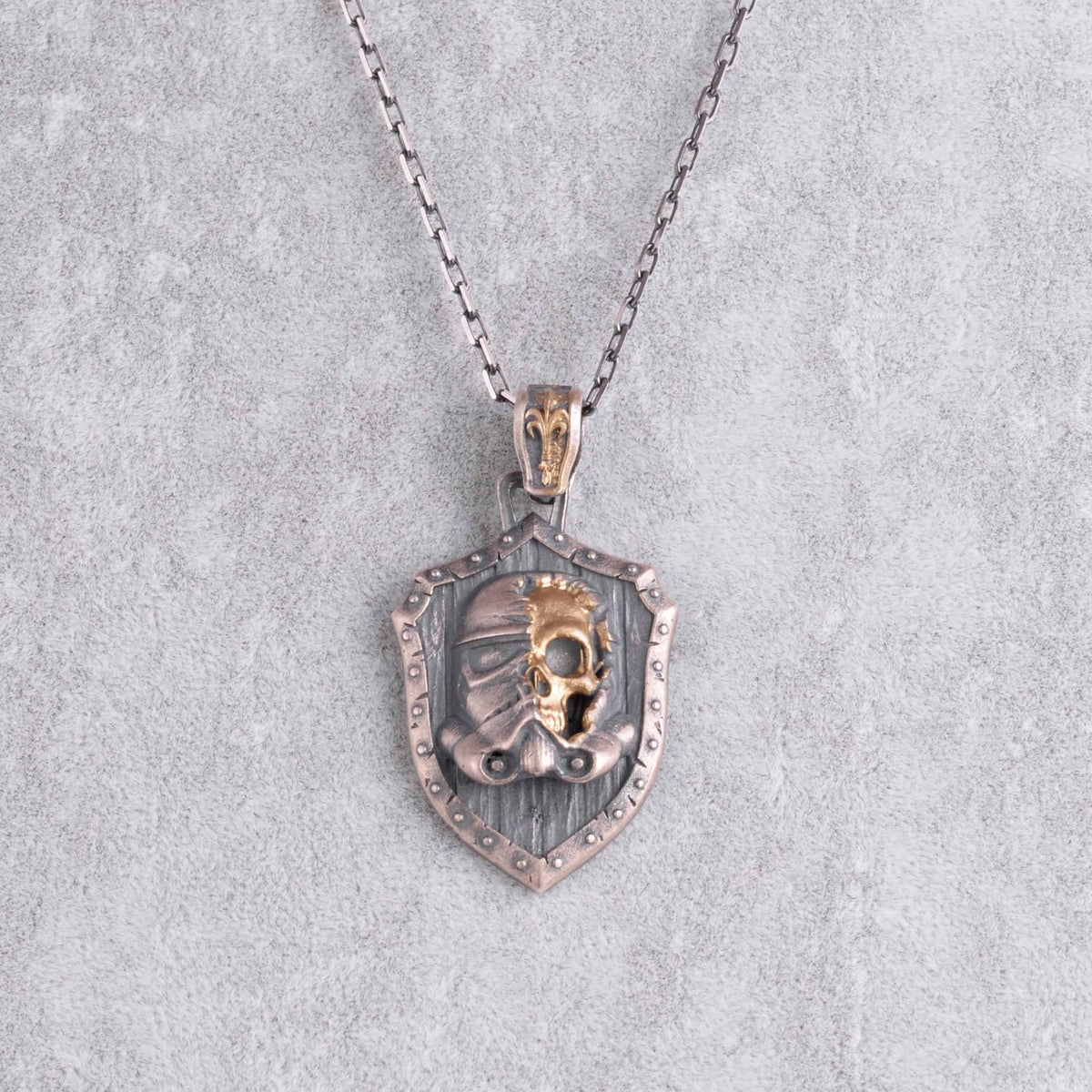 KAMBO 925 Sterling Silver Post-Apocalyptic Skull Necklace - Chain Gas Mask Warrior Shield Pendant - Handmade Gothic Men's Jewelry (Gold Plated) — 4