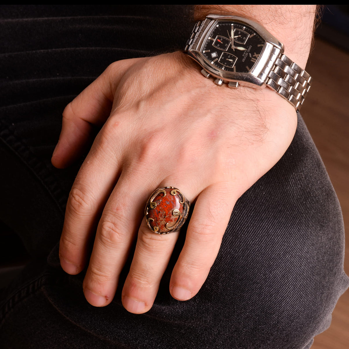 925 Sterling Silver Men's Ring - Natural Blood Stone Ottoman Effect Design — 6