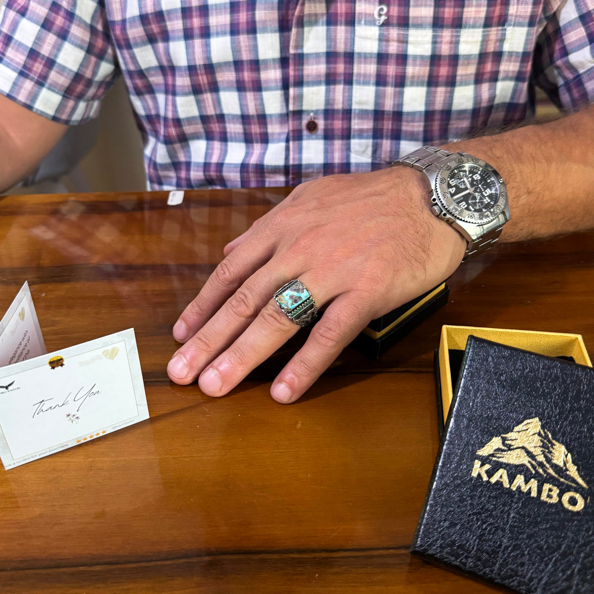KAMBO Natural Arizona Turquoise 925 Sterling Silver Men's Ring – Rectangular Stone Ottoman Style Engraved Design (Style-3) — 3