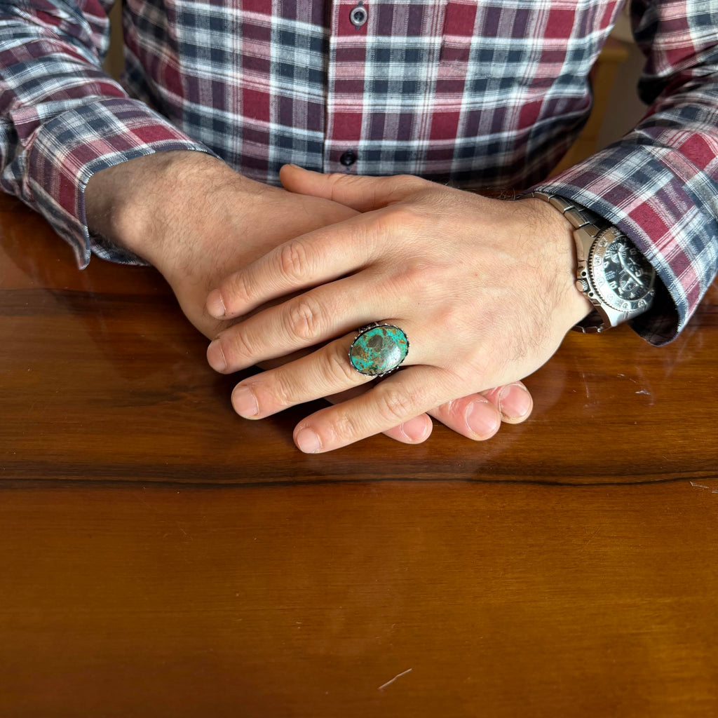 KAMBO Natural Arizona Turquoise Stone Large Men's Ring 925 Sterling Silver Crown Frame Oval Cabochon Ottoman Pattern Handmade Statement Ring (Turquoise-) — 3