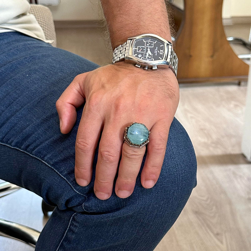 Natural Aquamarine Stone Ring - Octagonal Design - Handmade 925 Sterling Silver Jewelry — 3