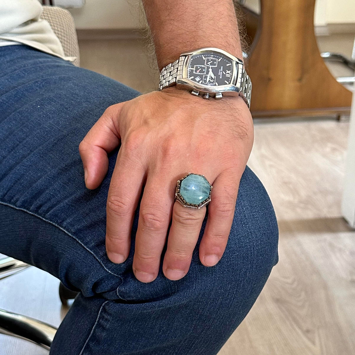 Natural Aquamarine Stone Ring - Octagonal Design - Handmade 925 Sterling Silver Jewelry — 3