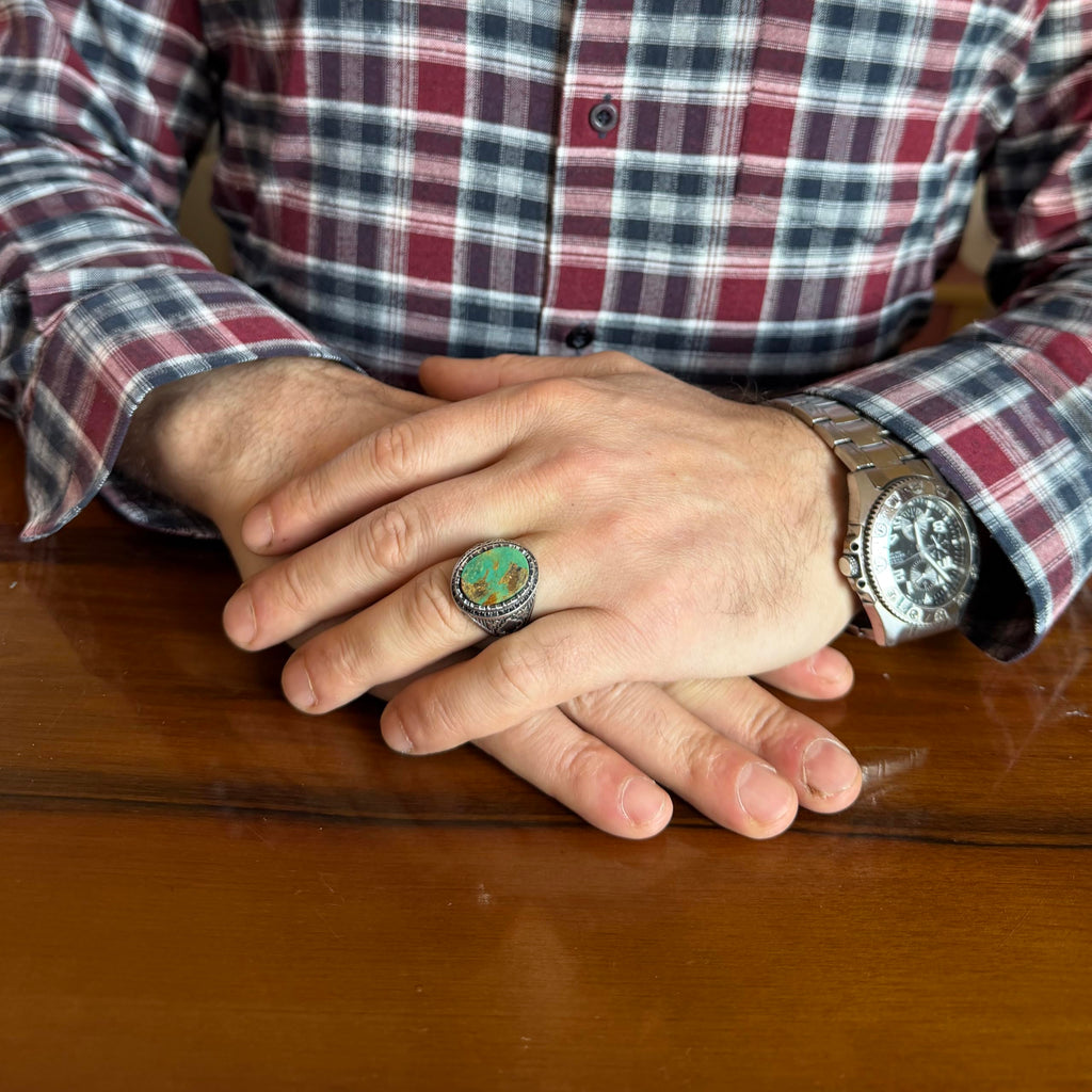 KAMBO Turquoise Stone Men's Ring 925 Sterling Silver – Natural Turquoise Statement Ring – Vintage Ottoman Style Handmade Men's Ring (Turquoise-3) — 3