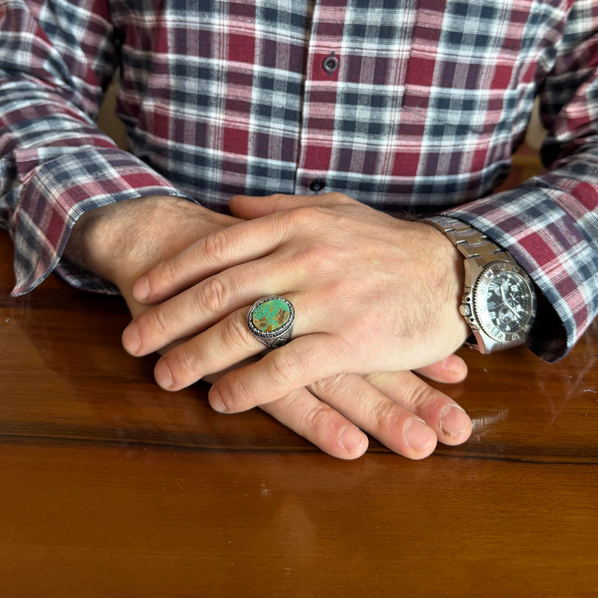 KAMBO Turquoise Stone Men's Ring 925 Sterling Silver – Natural Turquoise Statement Ring – Vintage Ottoman Style Handmade Men's Ring (Turquoise-3) — 3