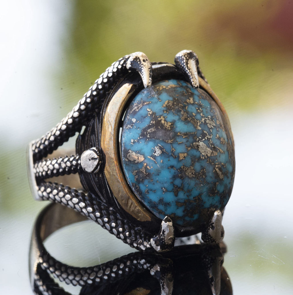 Natural Arizona Turquoise Stone Claw Ring - Silver Men's Ring — 3